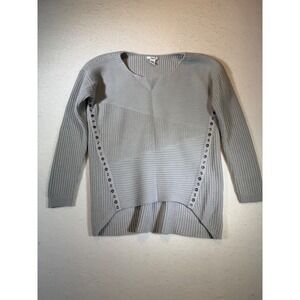 bar III Grey V Neck Ribbed Knit Side Button Detail High Low Sweater Top L